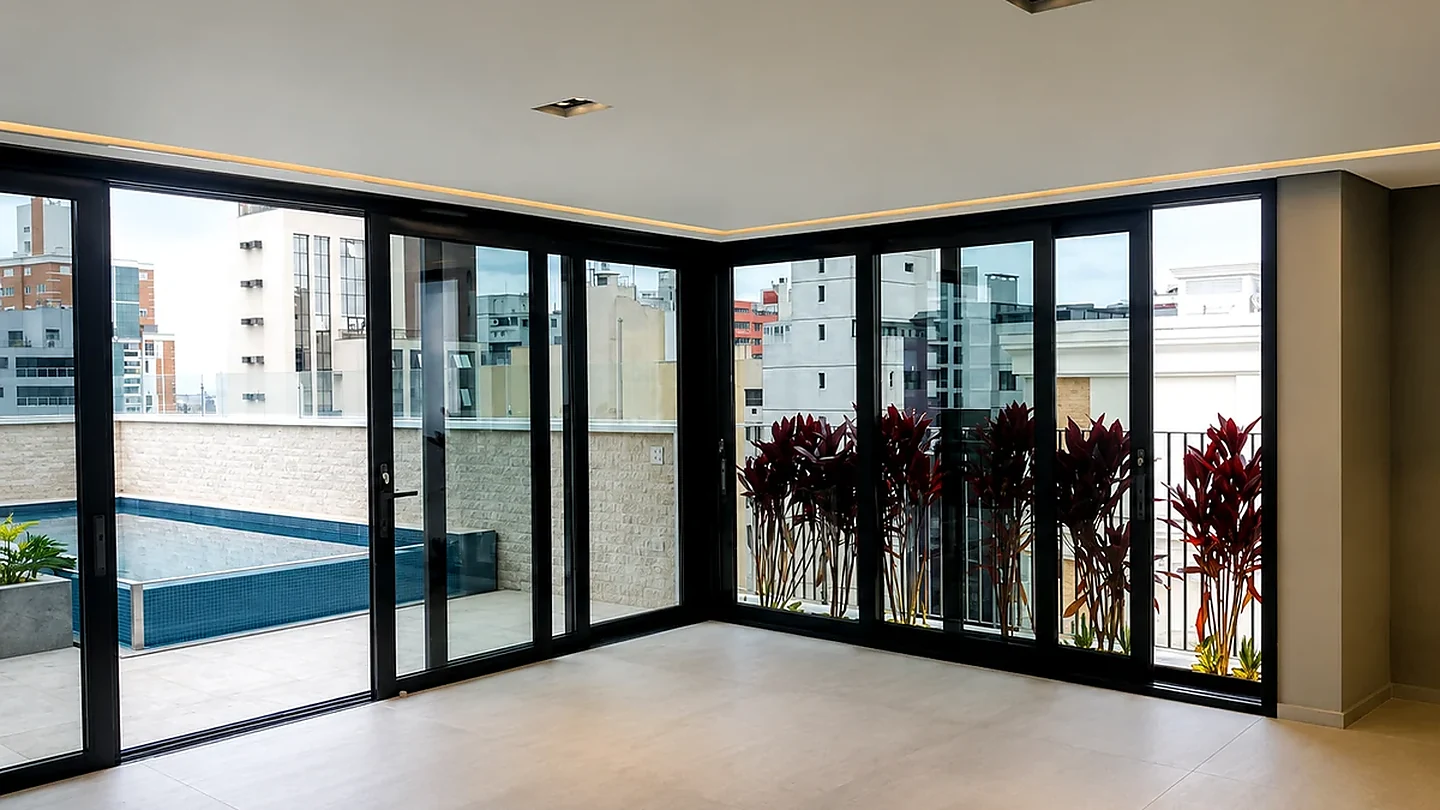 Caixilhos preparados para vidro blindado em obra residencial