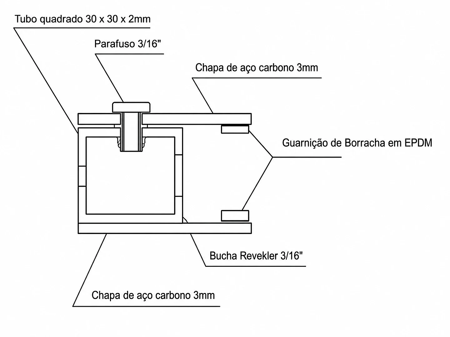 Detalhe técnico de caixilho de aço carbono para vidro blindado 28 mm com tubo 30 x 30 x 2 mm e chapas de 3 mm