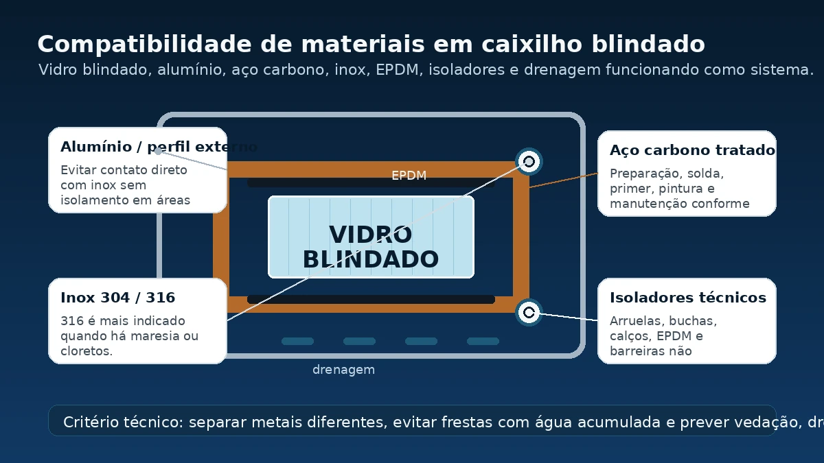 Diagrama técnico de compatibilidade entre alumínio, aço carbono e inox em caixilho blindado com EPDM, isolamento e drenagem